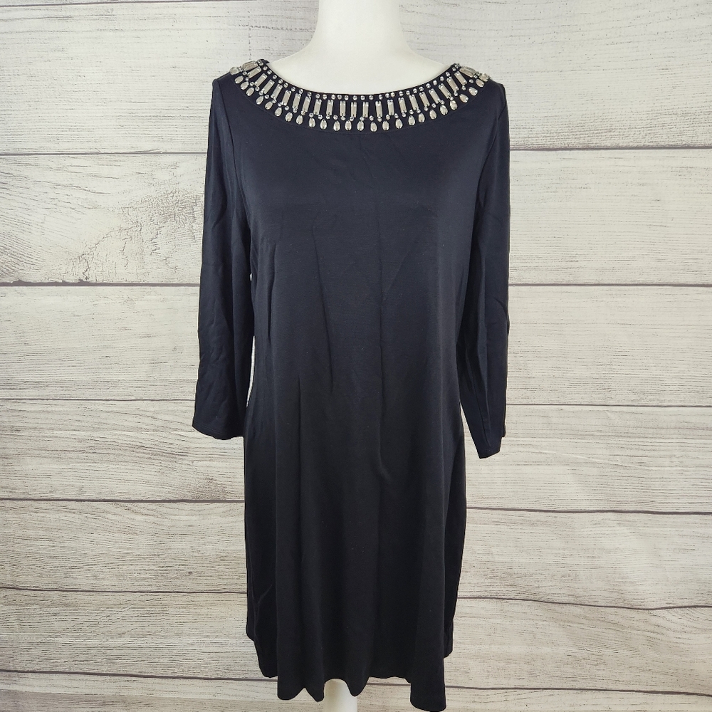 Tommy Bahama Darcy Rhinestone Beaded Black Dress 3/4 Sleeve